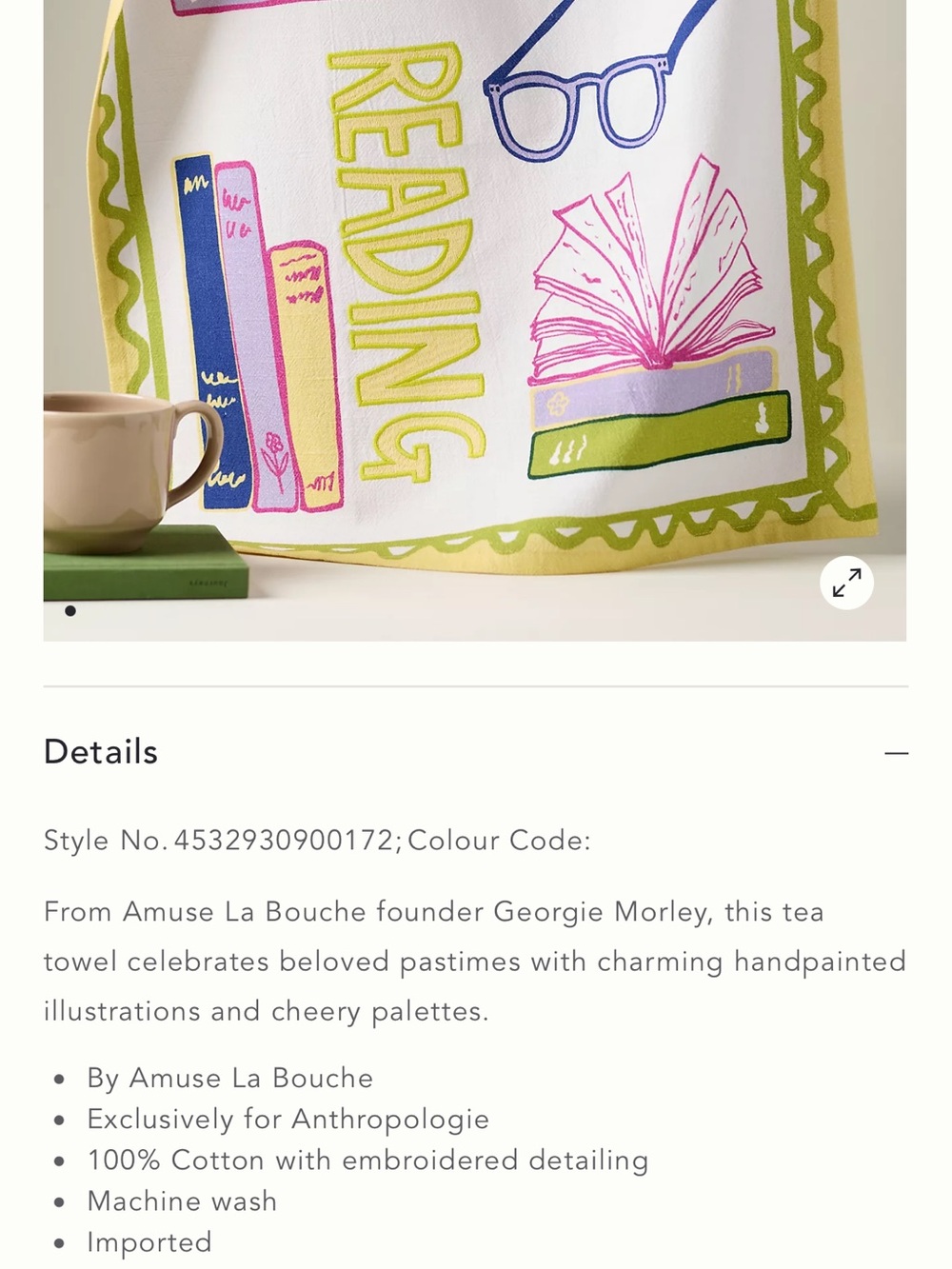 Anthropologie Lime, Pink & Blue Reading Tea Towel